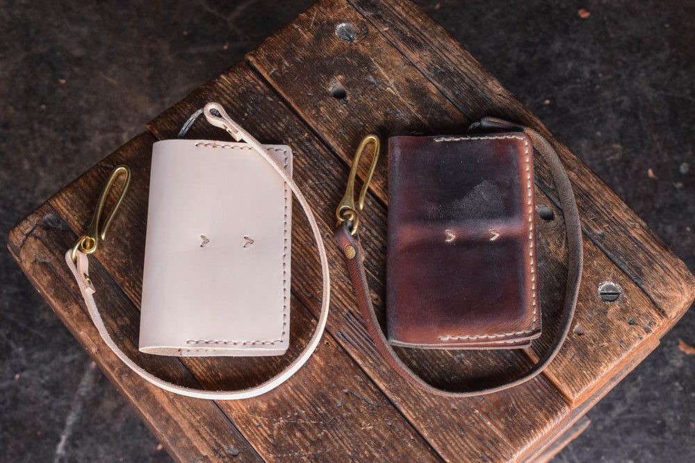 Handmade Leather Operator Wallet in natural veg tan with patina and lanyard chain