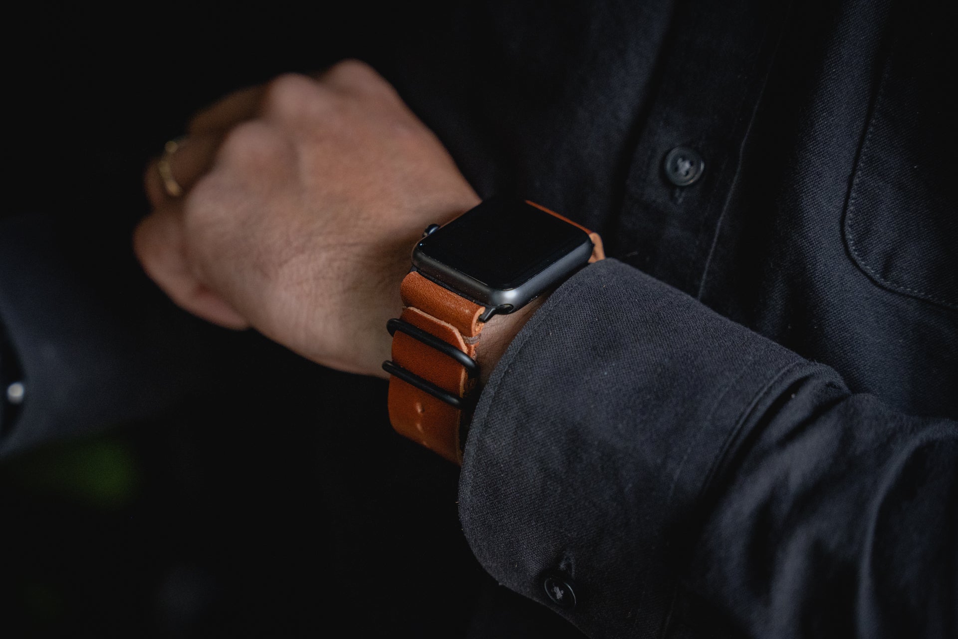 Apple Watch Black Leather watchstrap handmade durable watchband Craft and Lore