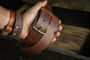 Thick rugged dark brown leather work belt usa american made quality