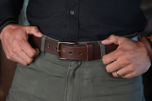 Thick dark brown leather belt full grain handmade harness quality usa american made rugged durable