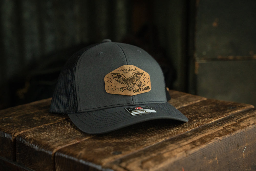 Classic Grey Snapback Richardson 112 hat with leather patch Craft and Lore eagle branding