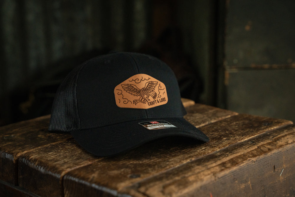 Classic Black Snapback Richardson 112 hat with leather patch Craft and Lore eagle branding