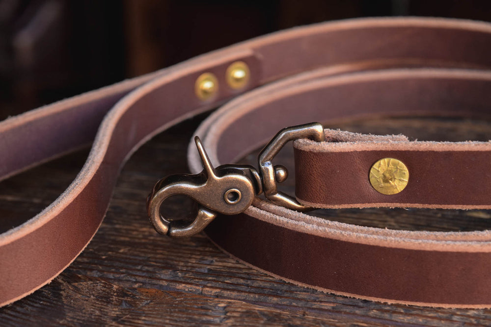 
            
                Load image into Gallery viewer, Thick Leather Dog Leash Lead Handmade Quality Durable All Weather Brass PNW K9 Gear
            
        