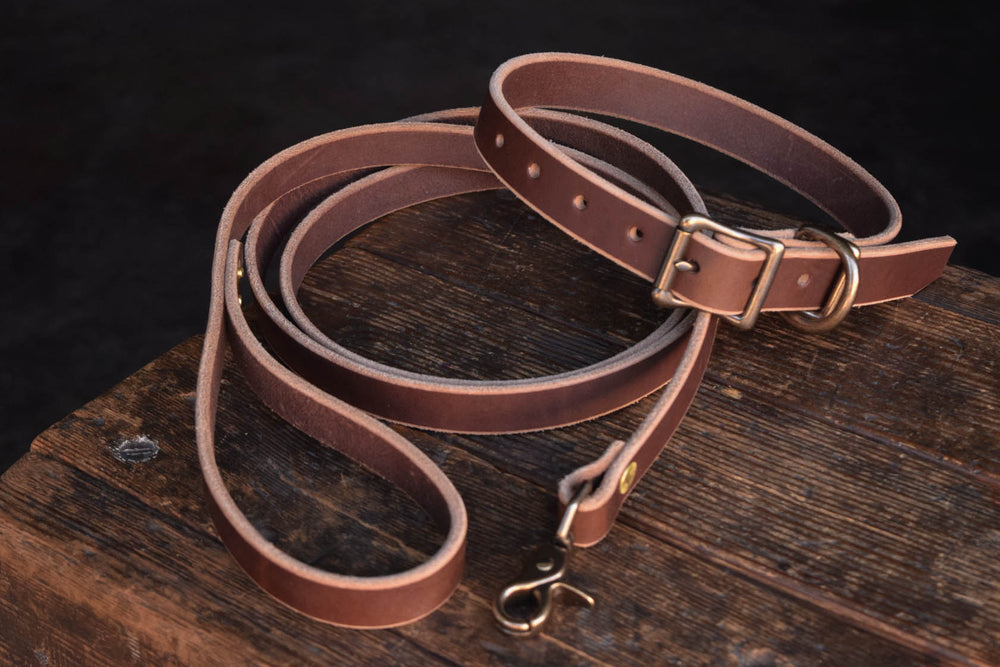 Leather Dog Collar and Leash Handmade Thick Durable Heavy Duty Outdoors Adventure Explore Quality Gear