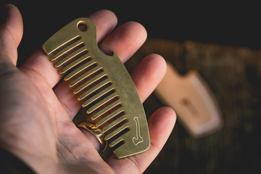 Solid Brass Pocket Comb bottle opener USA made leather sheath