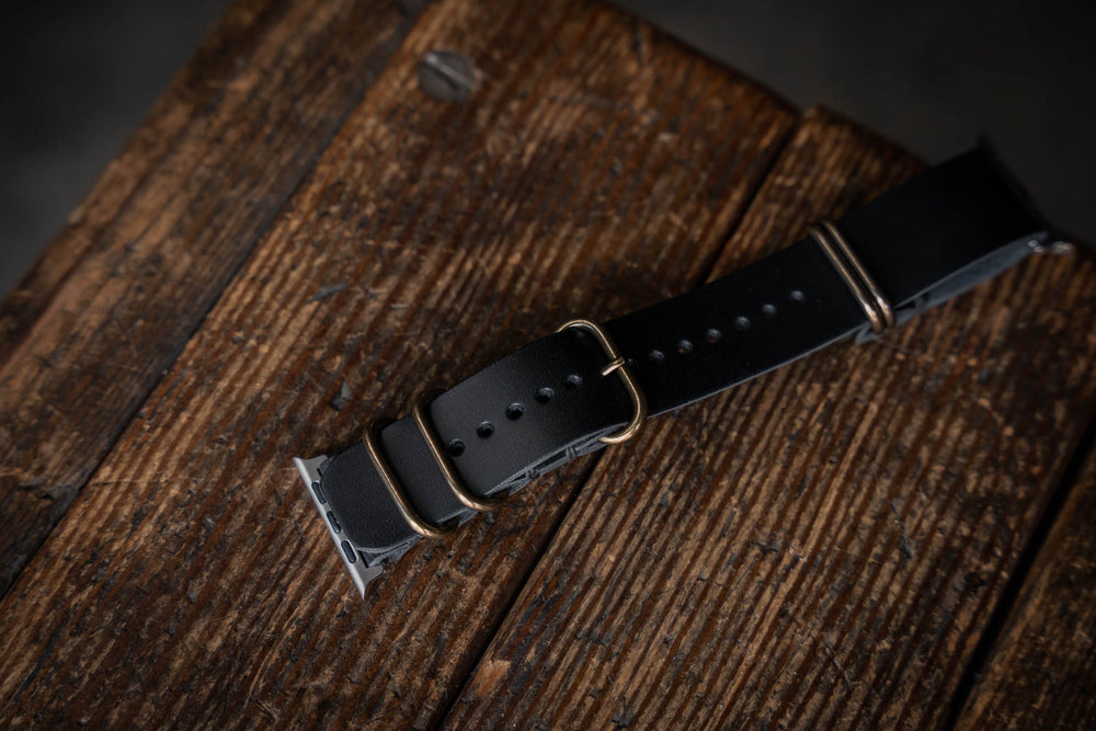 
            
                Load image into Gallery viewer, Apple Watch Leather NATO Strap Black
            
        