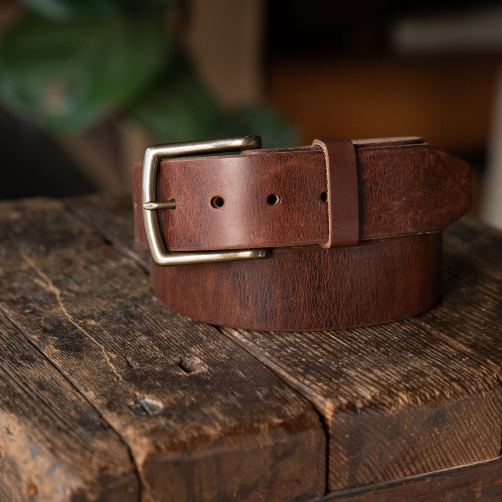 
                  
                    Mountain Belt, Thick Leather Solid Brass Hardware Lifetime Heritage Rugged Belt Handmade Craft and Lore
                  
                