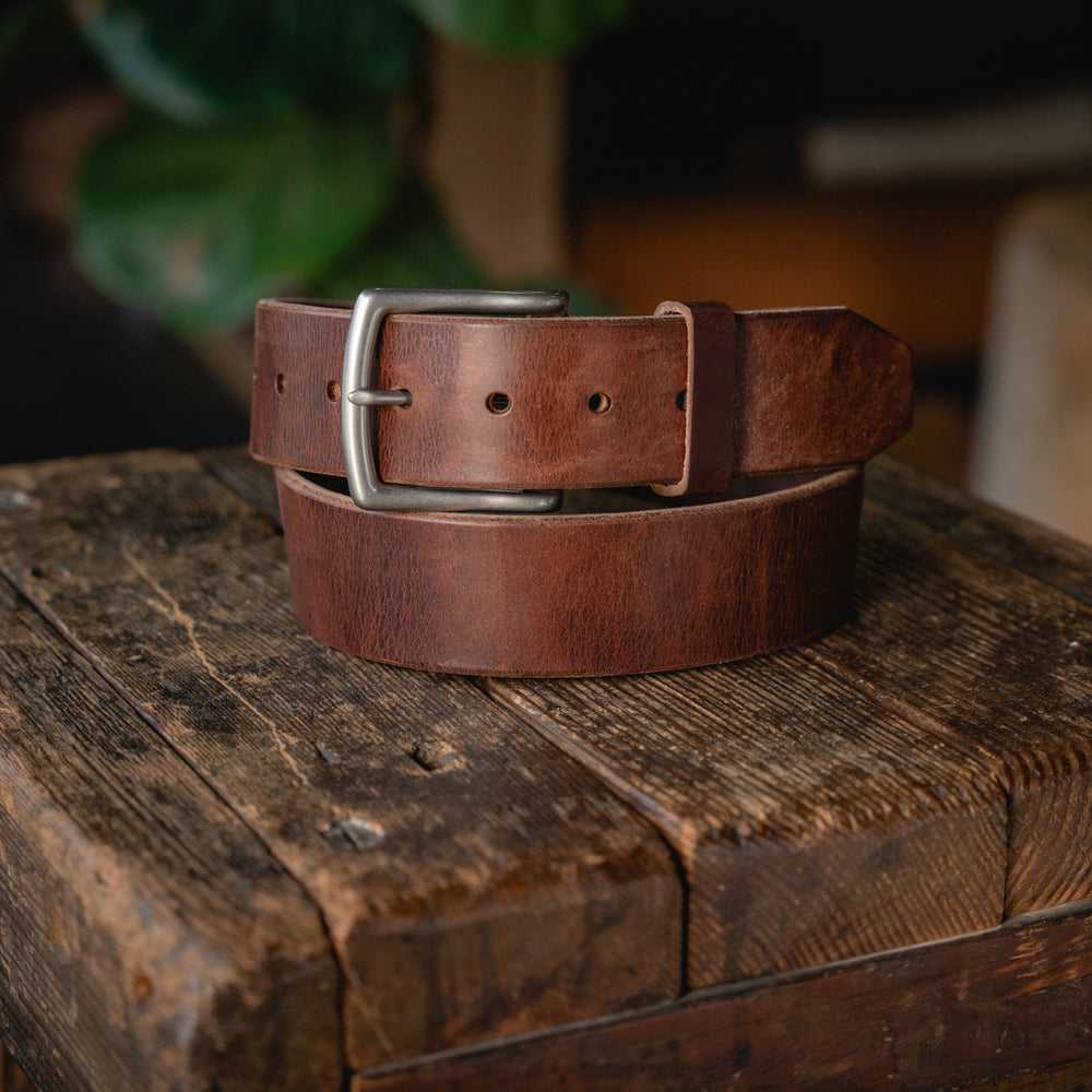 Mountain Belt, Thick Leather Solid Brass Hardware Lifetime Heritage Rugged Belt Handmade Craft and Lore