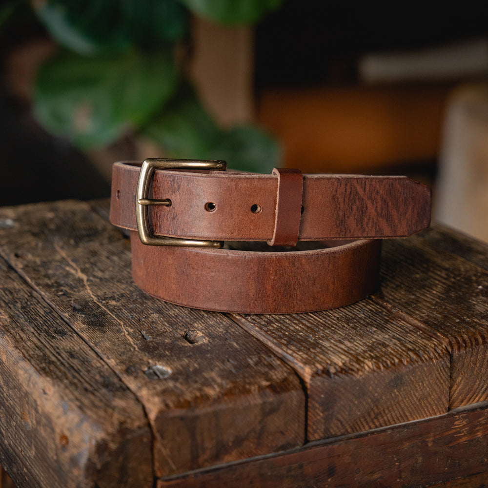 Mountain Belt, Thick Leather Solid Brass Hardware Lifetime Heritage Rugged Belt Handmade Craft and Lore