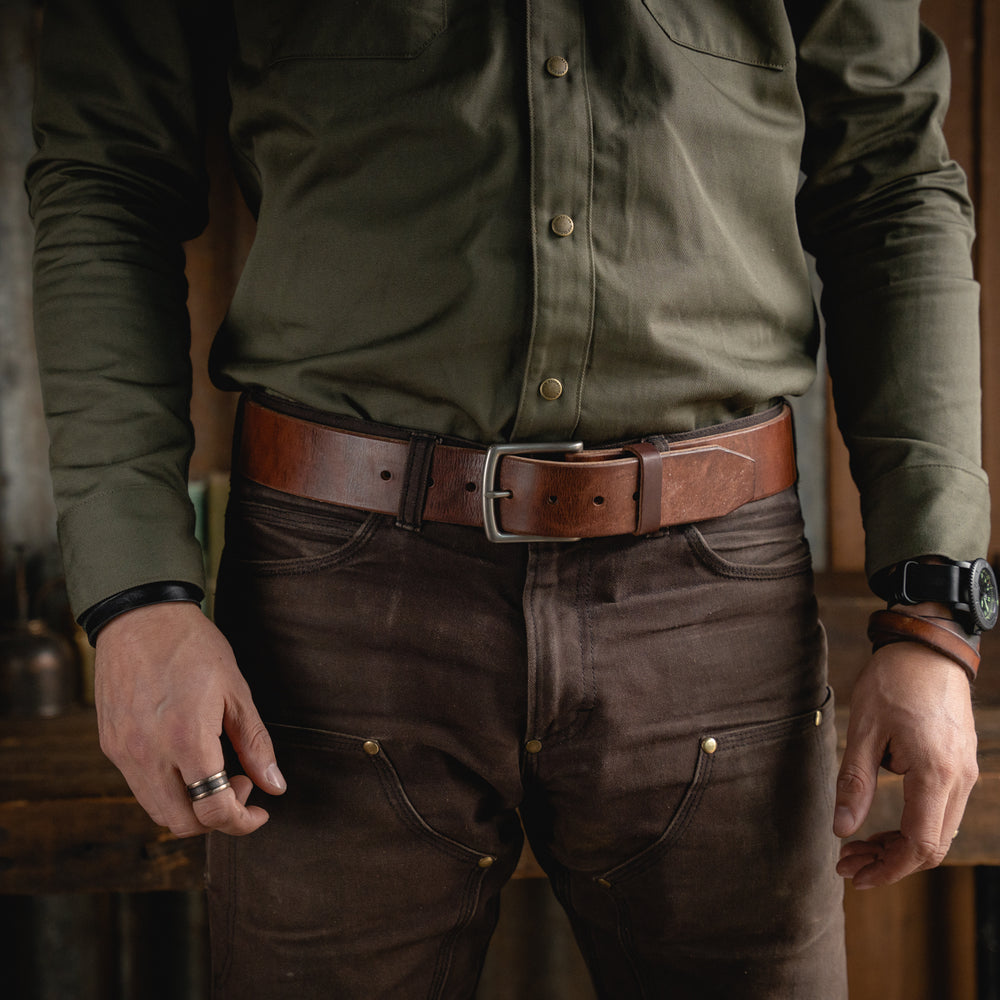 Mountain Belt, Thick Leather Solid Brass Hardware Lifetime Heritage Rugged Belt Handmade Craft and Lore