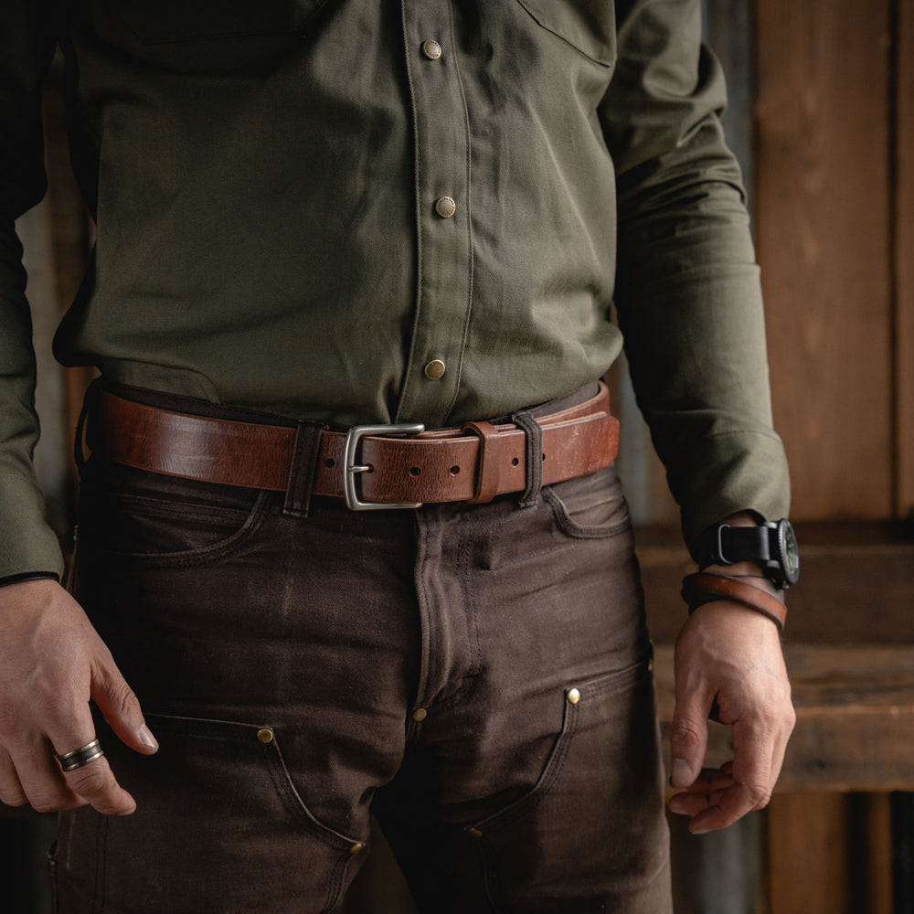 
                  
                    Mountain Belt, Thick Leather Solid Brass Hardware Lifetime Heritage Rugged Belt Handmade Craft and Lore
                  
                