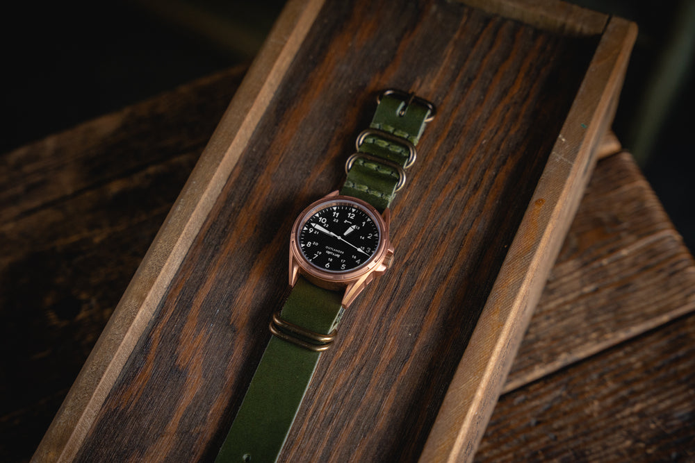 OUTLANDER Bronze Watch USA Swiss Quartz Sapphire Crystal Craft and Lore Olive Green Leather NATO Strap