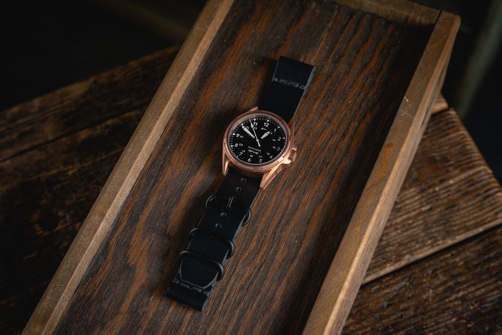 
            
                Load image into Gallery viewer, OUTLANDER Bronze Watch USA Swiss Quartz Sapphire Crystal Craft and Lore Black Handmade Leather Strap
            
        