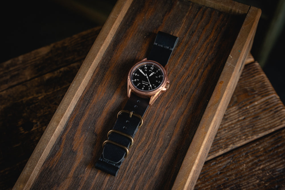 
            
                Load image into Gallery viewer, OUTLANDER Bronze Watch USA Swiss Quartz Sapphire Crystal Craft and Lore Black Handmade Leather Strap
            
        