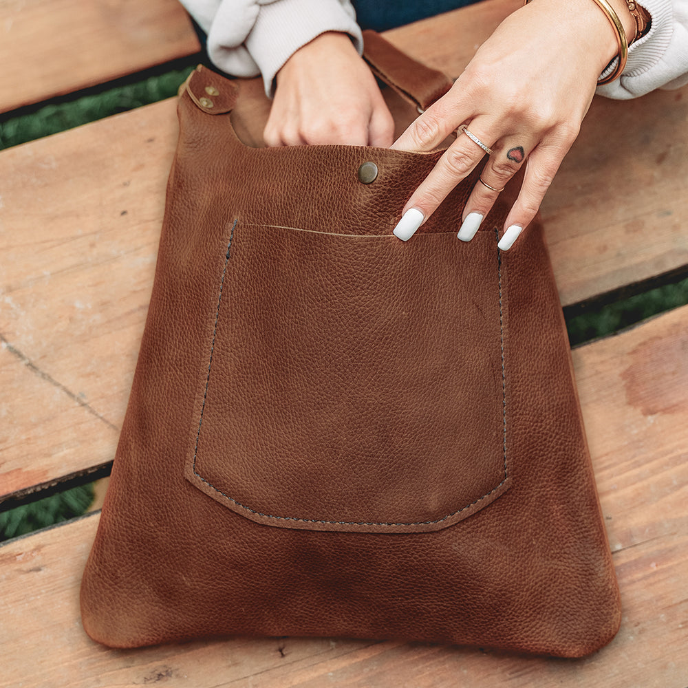 
                  
                    Rugged leather crossbody purse made in USA thick durable quality farmstyle tote purse rustic PNW
                  
                