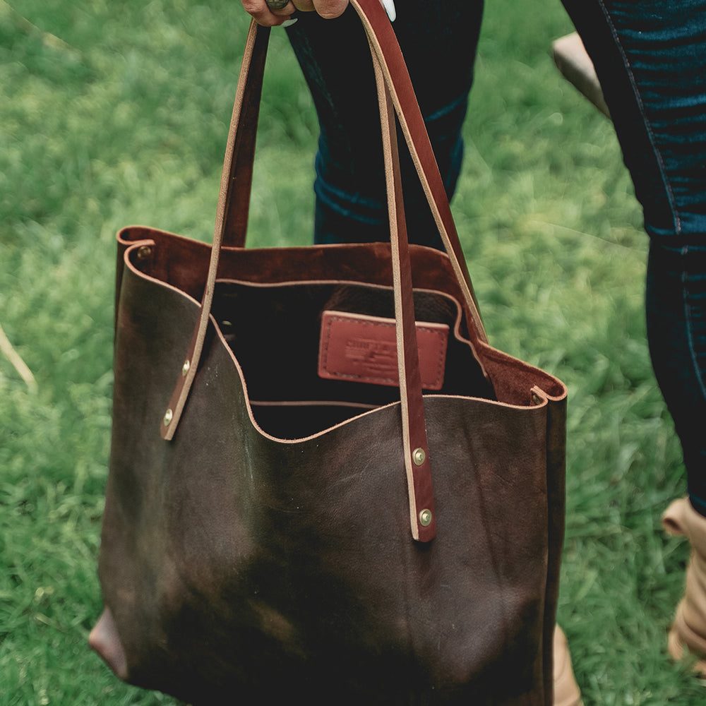 
                  
                    Handmade Leather Purse Tote Market Bag Black Quality Rugged Farm style PNW Bag
                  
                