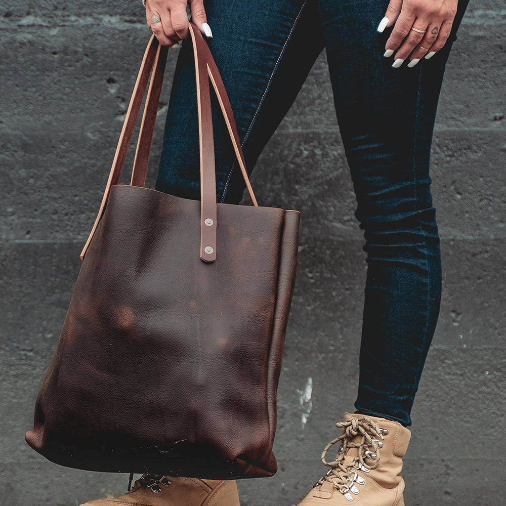 
                  
                    Handmade Leather Purse Tote Market Bag Black Quality Rugged Farm style PNW Bag
                  
                
