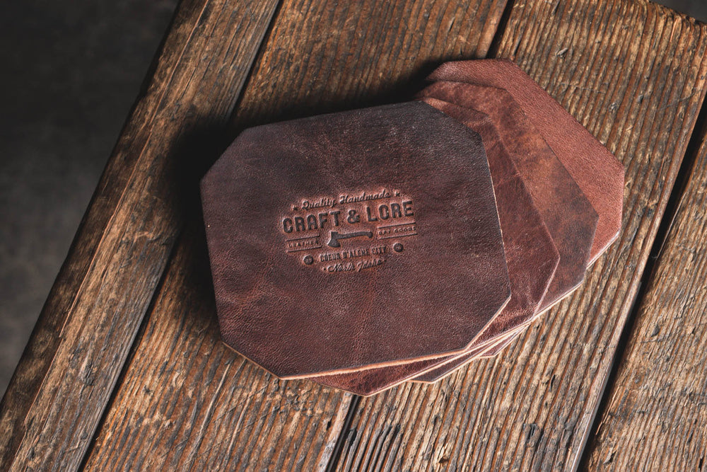 
            
                Load image into Gallery viewer, Leather Coaster Set, handmade heavy duty thick rustic coasters
            
        