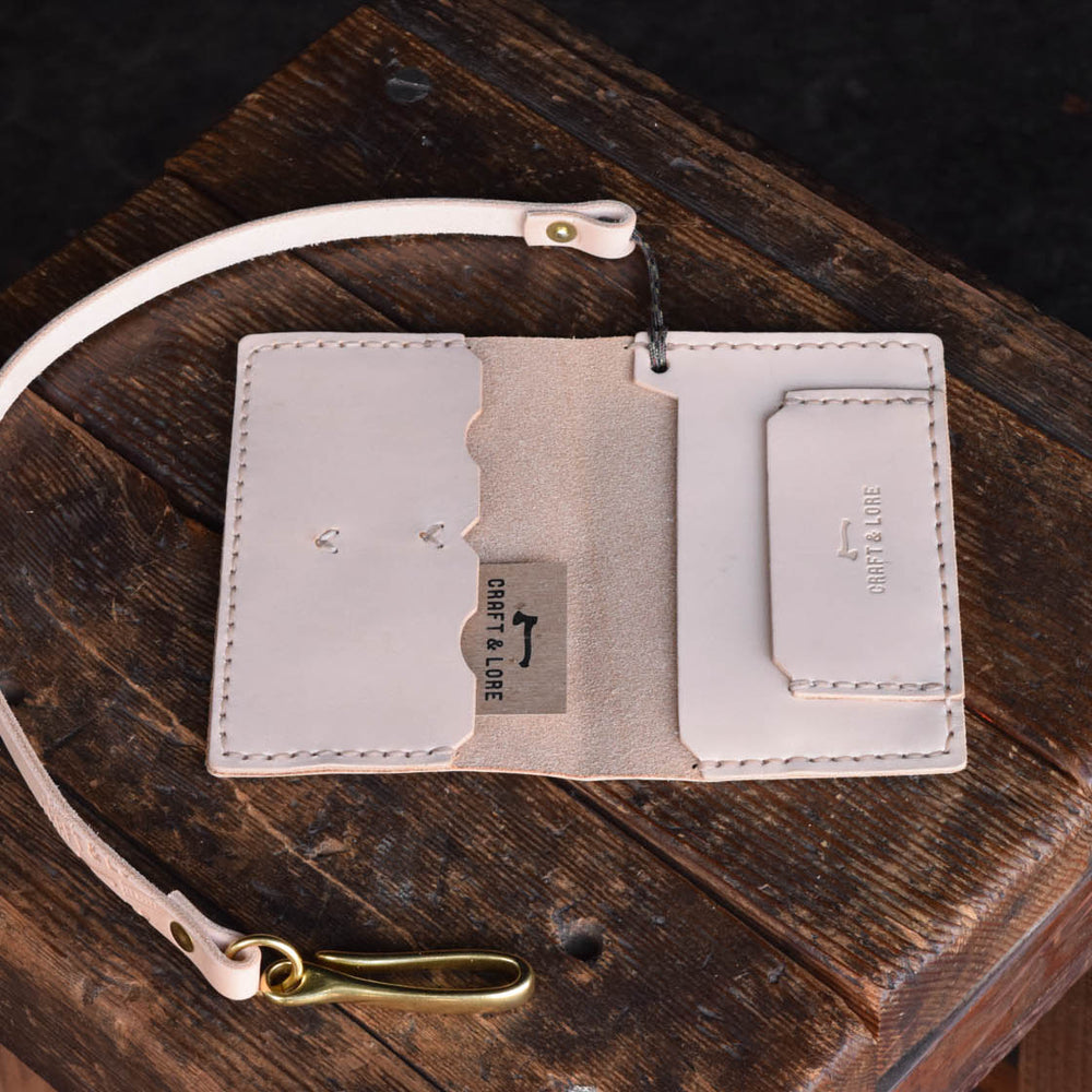 
                  
                    Handmade Leather Operator Wallet in natural veg tan with patina and lanyard chain
                  
                