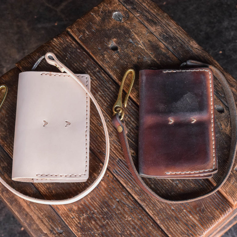 
                  
                    Handmade Leather Operator Wallet in natural veg tan with patina and lanyard chain
                  
                