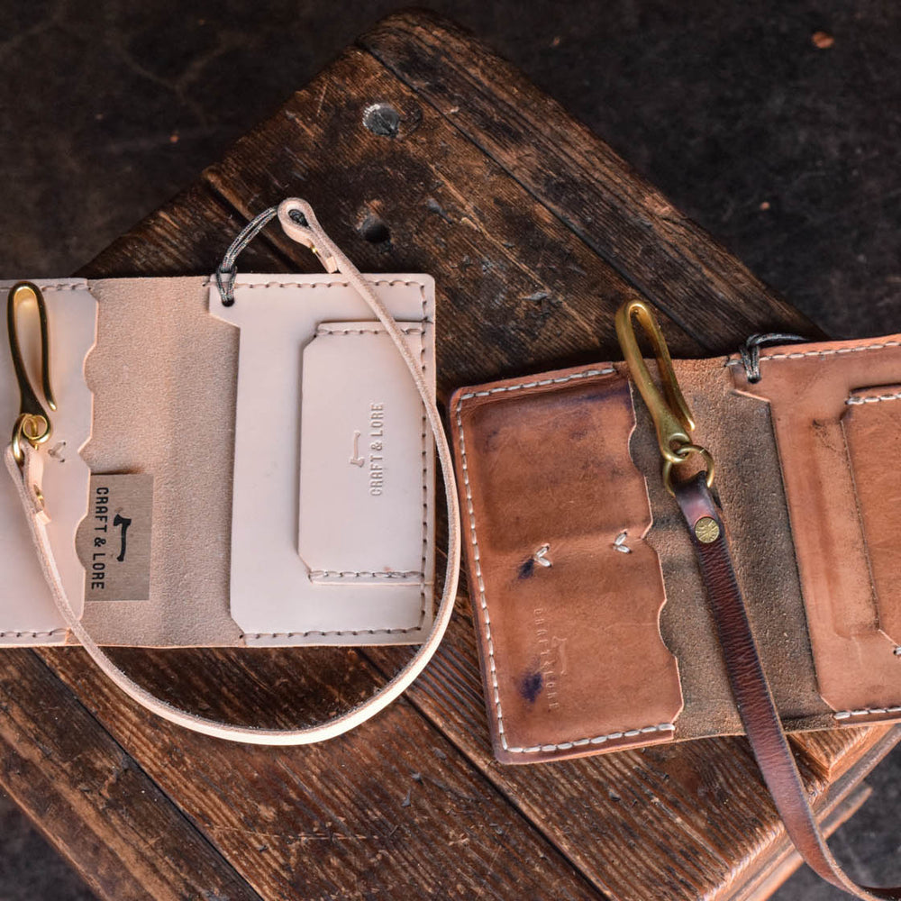 
                  
                    Handmade Leather Operator Wallet in natural veg tan with patina and lanyard chain
                  
                
