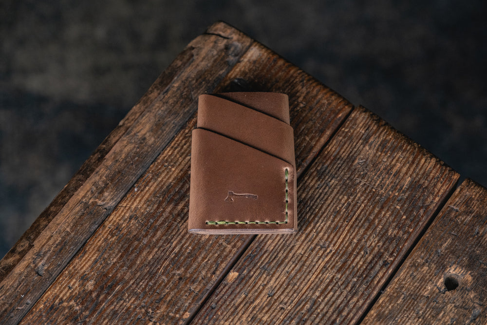 
            
                Load image into Gallery viewer, Port Wallet, Horween Chromexcel Natural hand stitched with olive green thread
            
        